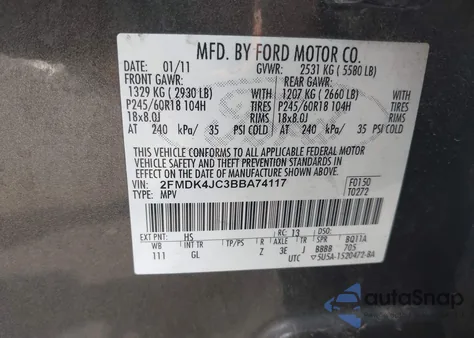 2011 Ford Edge Sel z USA, uszkodzony, nr VIN 2FMDK4JC3BBA74117